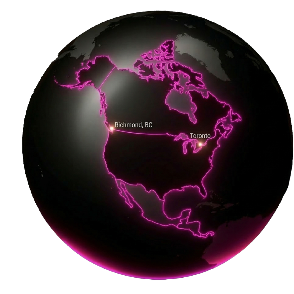 Illuminated globe showing Innoleader locations in Richmond and Toronto